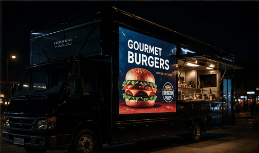 LED screen built into the side of a food truck, running a burger campaign at night