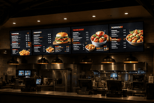 Multi-panel LED menu board mounted above a restaurant counter