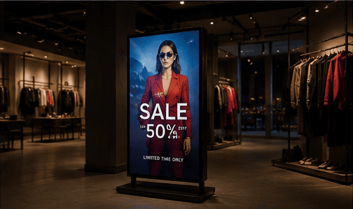 Freestanding LED poster display on a wheeled stand inside a shop