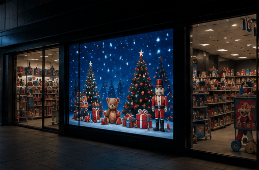 LED video wall built into a retail shopfront window running a seasonal campaign