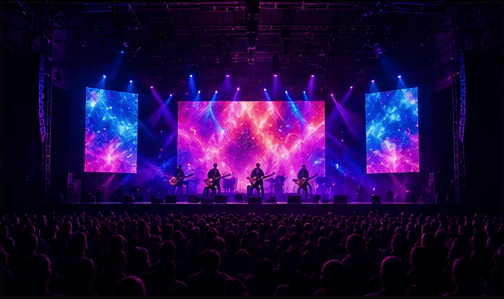 Three-panel LED video wall behind a band on a lit stage