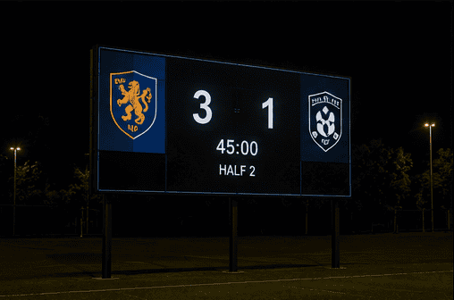 Outdoor LED scoreboard on a steel tower at a community football ground